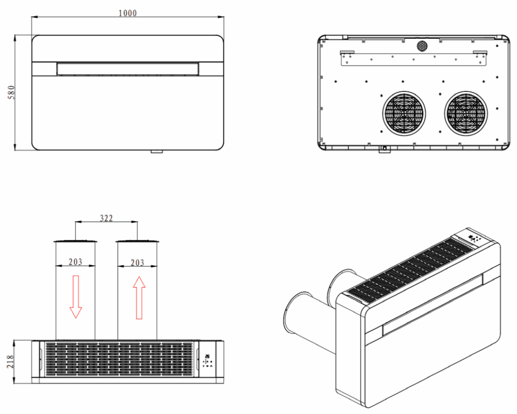 Maattekening monoblock airco: 100 x 58 x 21,8 cm, twee muurdoorvoeren van Ø 203 mm op 322 mm van elkaar
